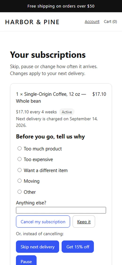 Phone screen of the cancel flow asking for a reason, with skip, 15% off and pause offers.
