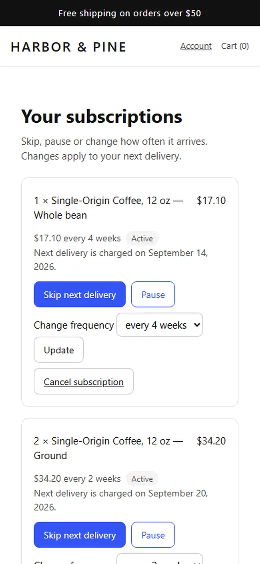 Phone screen of the subscriptions portal with skip, pause, change frequency and cancel controls.