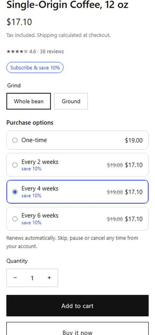 Phone screen of a coffee product page with Every 4 weeks selected at $17.10, down from $19.00.