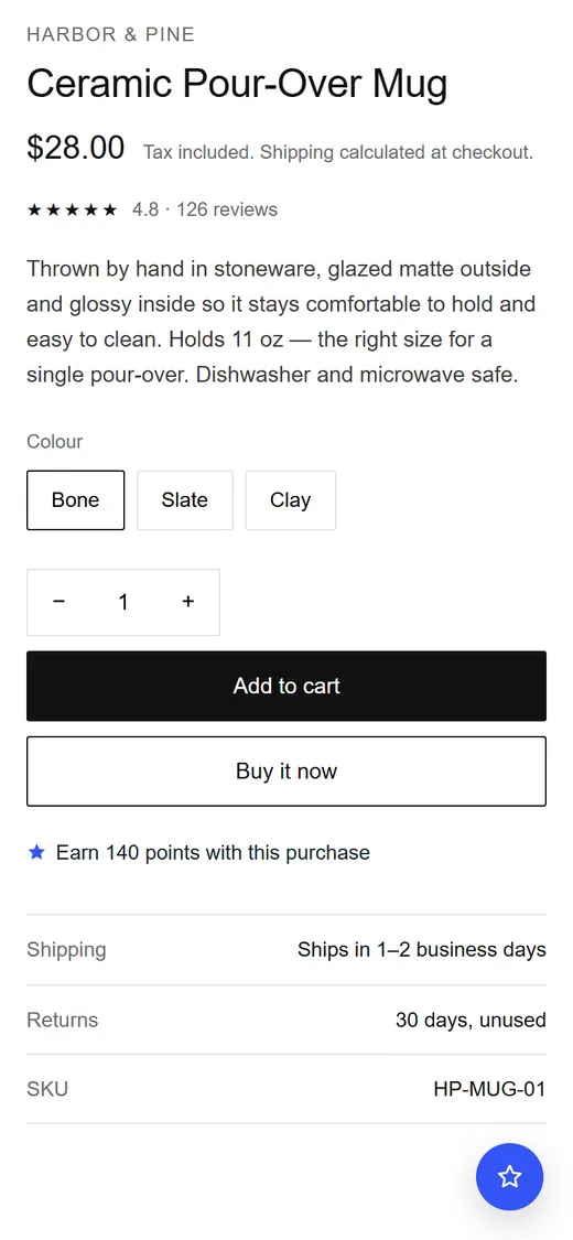 Phone screen of a product page showing earn 140 points with this purchase.