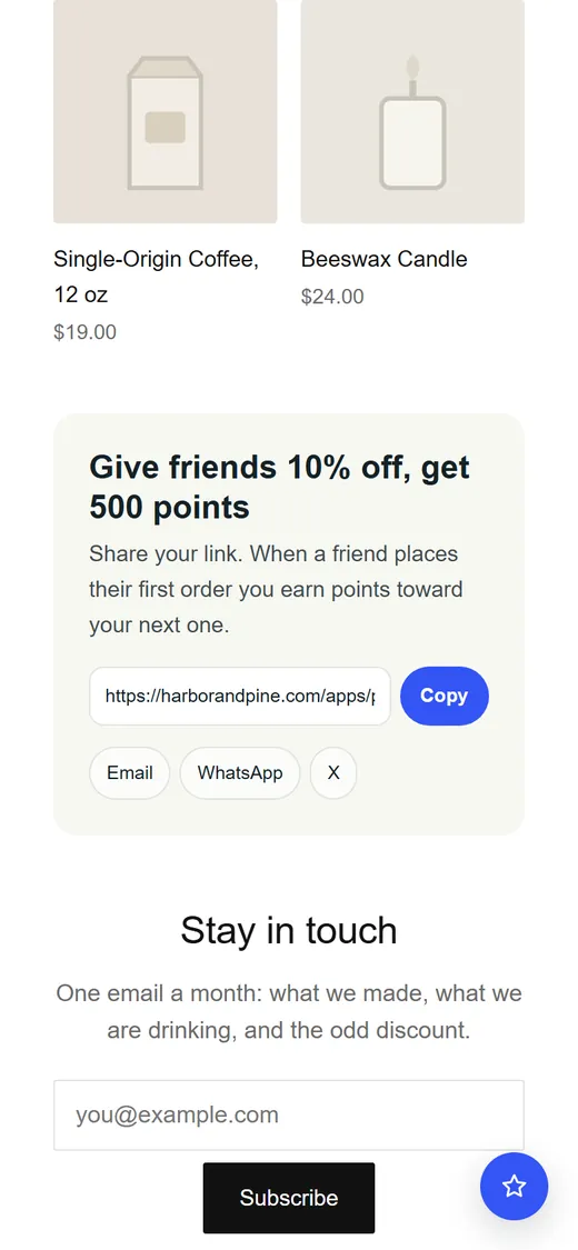 Phone screen with the referral banner: give friends 10% off, get 500 points, with a share link.
