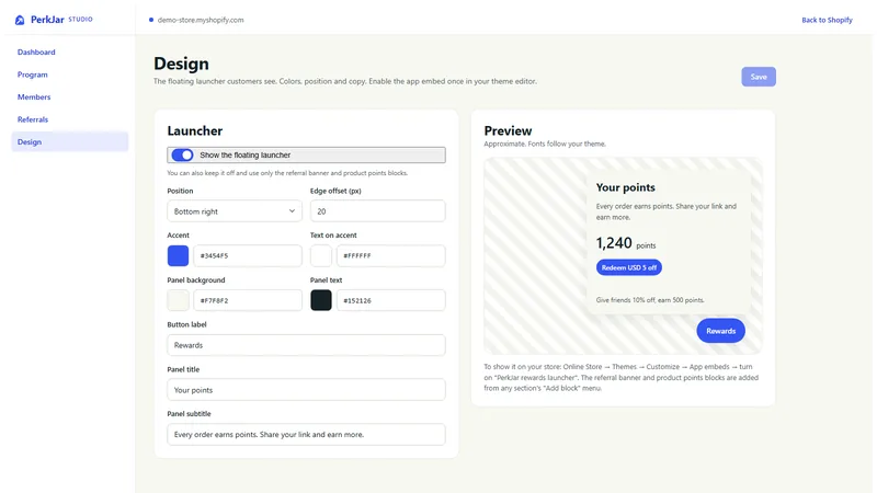 PerkJar design screen with launcher colours, position and copy next to a live preview.