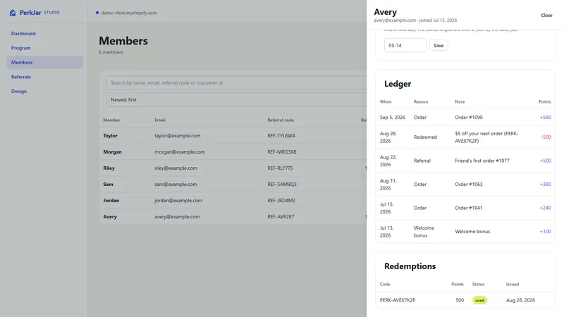 A member's ledger in Studio: each order, redemption, referral and bonus with its points, plus the reward codes they redeemed.
