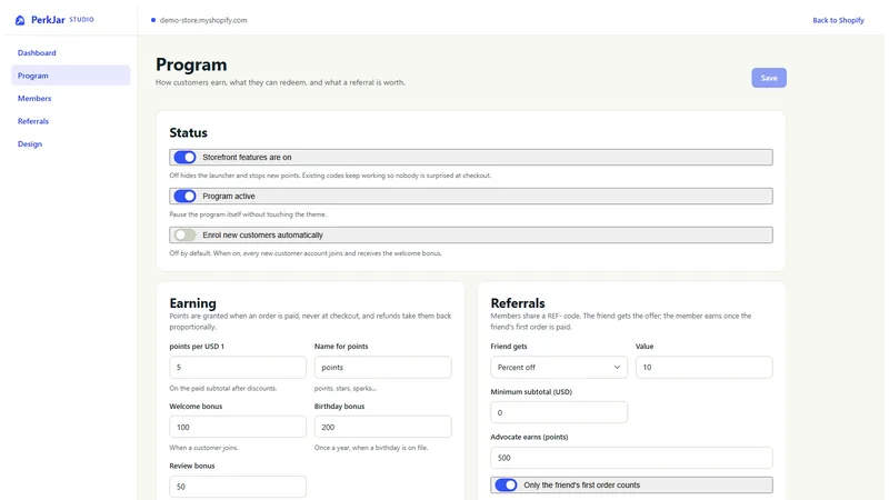 PerkJar program settings: status switches, points per dollar, welcome and birthday bonuses, and the referral offer.