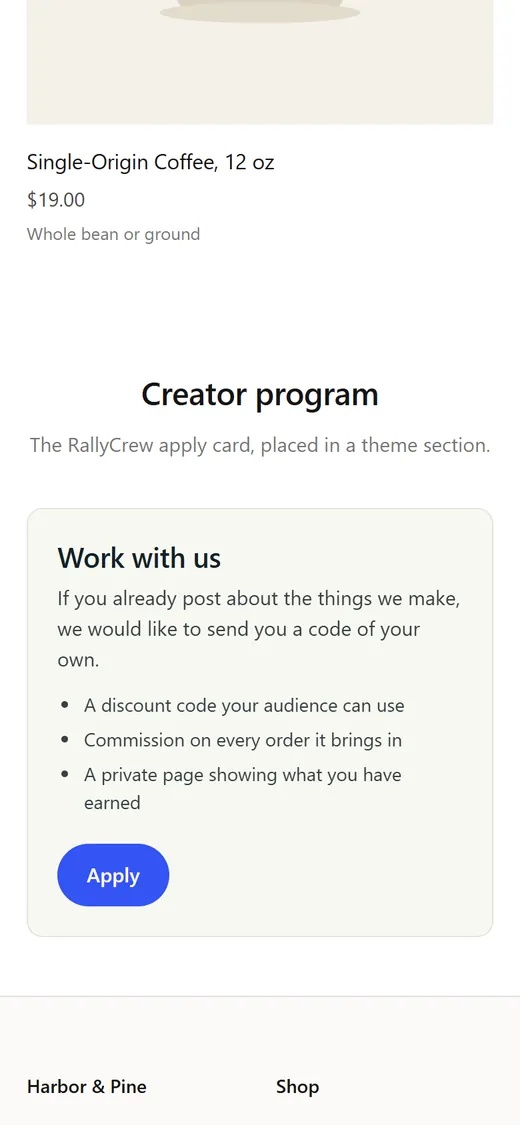 Phone screen with the RallyCrew apply card: work with us, three bullet points and an Apply button.