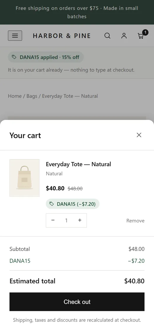 Phone screen of a shopper arriving from a creator link: the cart shows DANA15 applied and the total reduced from $48.00 to $40.80.
