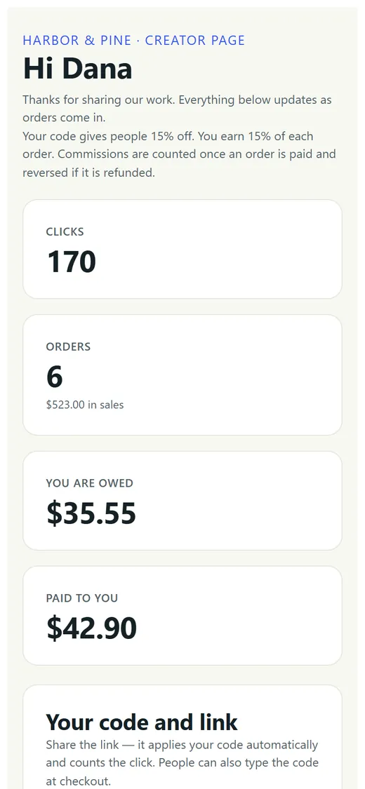 Phone screen of a creator's private page showing clicks, orders, amount owed and amount paid.