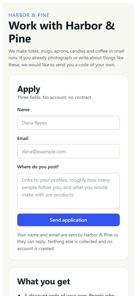 Phone screen of the creator application form with name, email and where do you post.