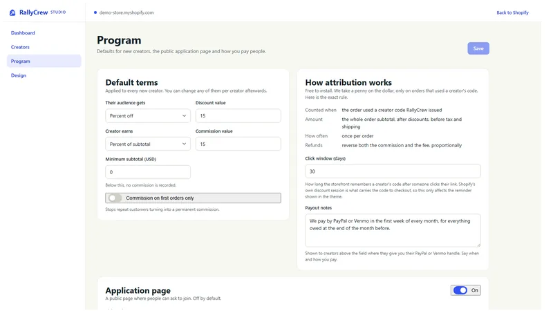 RallyCrew program settings: default discount and commission, minimum subtotal, click window and payout notes.