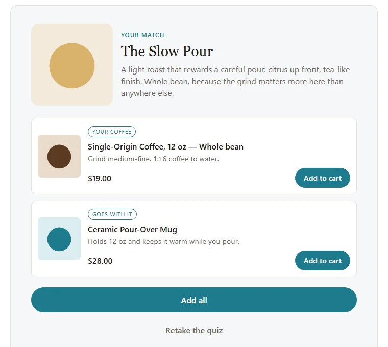 A Wayfind result page: the shopper's match, two products with live prices and Add to cart buttons, and an Add all button.