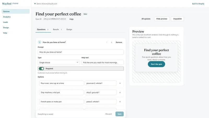 The Wayfind quiz builder: questions with tagged answers on the left, a live preview of the quiz on the right.