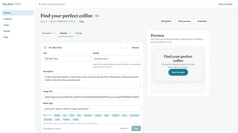The Wayfind builder's Results tab: a result's title, handle, description, image and match tags.